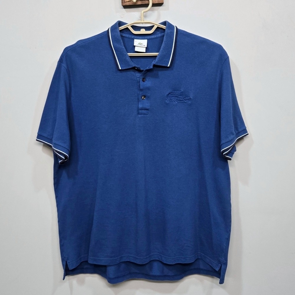 Lacoste Polo Shirt Mens 9 US 4X Blue Big Croc Debossed Logo Tipped Pique Cotton